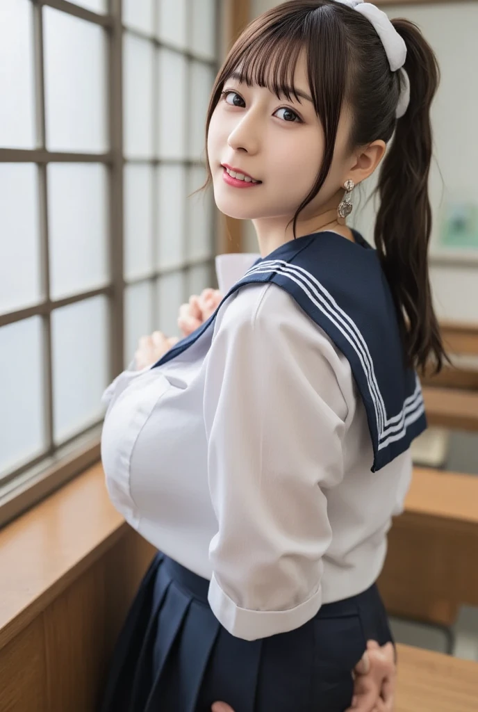(reality: 1.4),Highest quality, masterpiece, Attention to detail, 16K quality, beautiful, 1 beautiful girl,Japanese,super beautiful face,,Japanese idol face,Cute Face,Highly detailed face,Detailed hands,beautiful skin,Oily skin,Big eyes,Professional Lighting,ponytail,Black Hair,brown beautiful eyes, Sit with your knees up,Put your arms behind your back,Big smile,Spread your legs,(Skirt Lift),Big Breasts,(Sailor suit),(Check skirt)),classroom,Browsing Caution,Angle from directly below