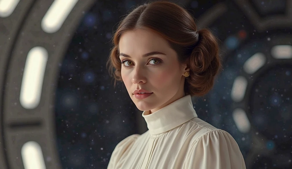 A stunning portrait of Princess Leia in a cinematic Star Wars style. She has elegant brown hair styled in her iconic side buns, deep and determined eyes, and a regal yet resolute expression. She wears a flowing white gown with a high collar, evoking her classic look from A New Hope. The soft lighting highlights her features, creating a dramatic and heroic atmosphere. The background is subtly blurred, featuring a futuristic spaceship interior or a starry cosmic backdrop, adding depth to the composition."