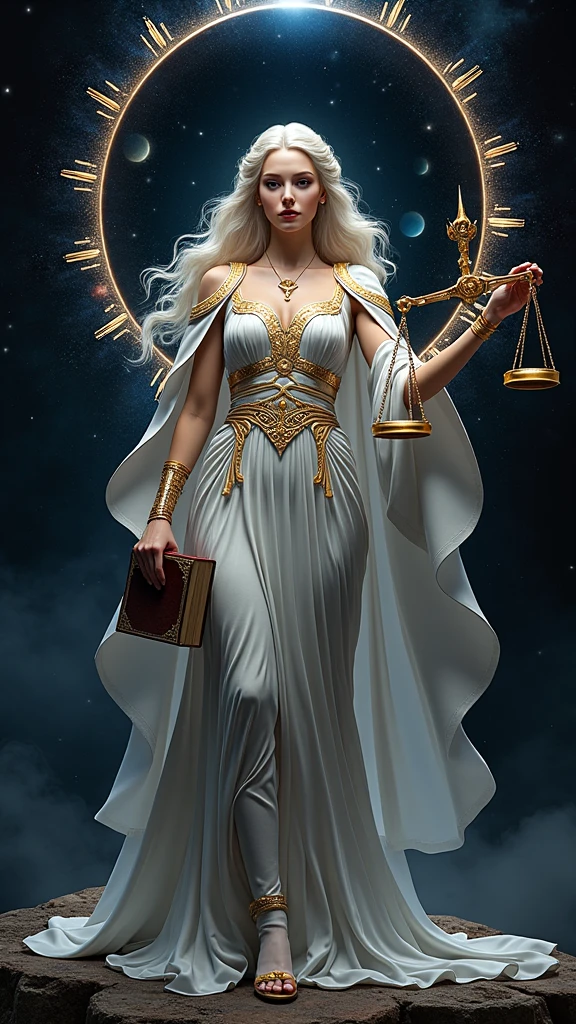 obra maistra, Best Quality, ultra detailed, 8k, Alta risolución, photorealistic, Greek mythology, fancy, legendary existence, Mythical world, meditation, symmetrical, Divine Halo, magic circle, Eclipse solar, nebula, alone, incredibly beautiful woman, beautiful face, A smile that brings peace to people., "In Aphrodite", full body shot, precioso vistido intrincadamente detallado, golden ornaments, white cloak, una dama sosteniendo una balanza y una ispada en su mano, Greek Titan goddess Themis, by Pablo Munoz Gomez, justice, zodiac Libra sign, by László Balogh, by Nicolas Marsicano, Libra, pound symbol, is. Alejandro Kucharski, is. Eugeniusz Zak, by Ignacio Zuloaga, "Una abogada reprisentada como la Diosa de la Justicia.. Está vistida con un vistido de diosa guerrera griega, Dark grey tailored greek suit with a white blouse, standing confidently. She is wearing a blindfold, symbolizing impartiality, y sostiene un par de balanzas tradicionalis en una mano y un libro en la otra. Su exprisión is tranquila y decidida.... El fondo muistra el Olimpo de los diosis 