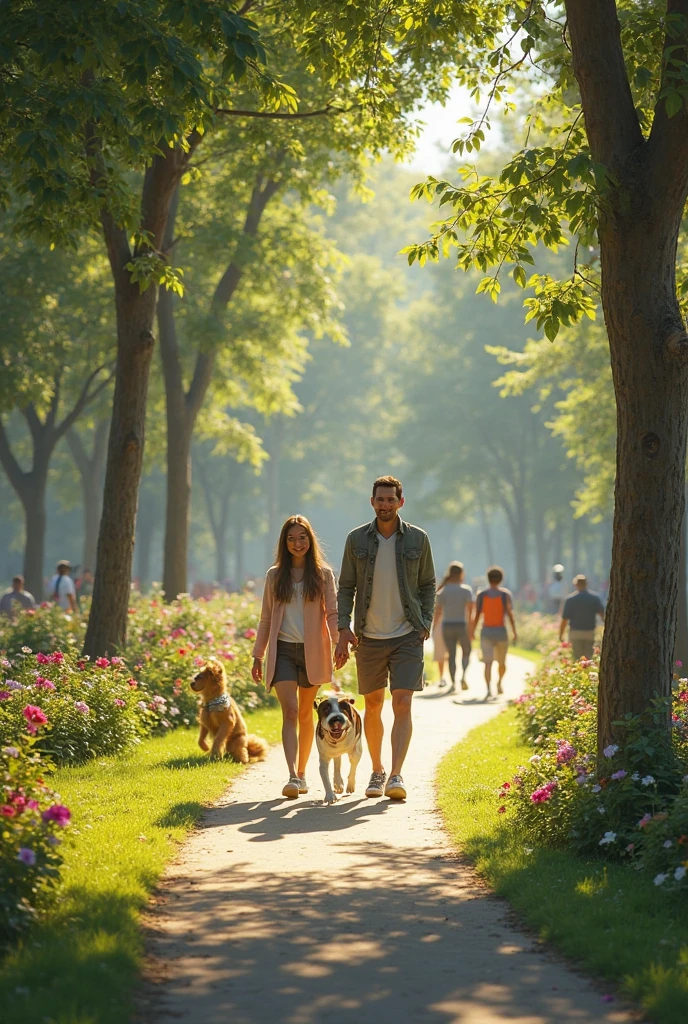 In a park one sunny day several people doing things including famous. Messi and Antonella walking a dog.