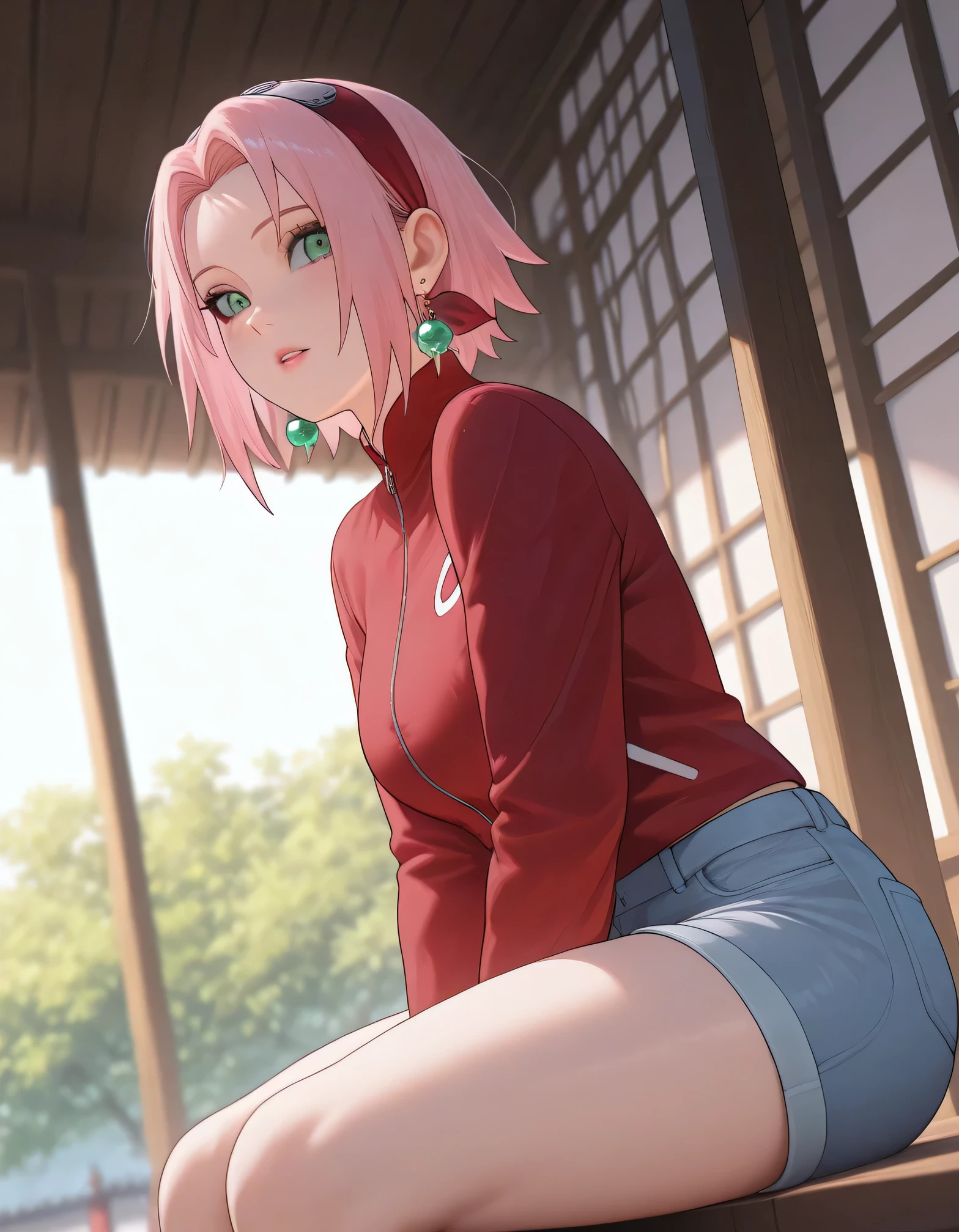 (masterpiece), (portrait), medium breasts (aesthetics), ((1 female 21 years old)), Highlight earrings), ((short hair)), ((Hot crystal pink hair, parted bangs)), ((Sakura Haruno)) straight hair, thin eyes open, green eyes, cute, naughty, lips parted pink,, woman, feminine, beautiful, female features, top, high quality, aesthetic clothing, professional angle, (rule of thirds), (feminine), , (beautiful) , (female ) features), solo, (Korean attractive), summer, (ink haze), (afternoon), (vibrant light), seductive posture, ((face looking forward))), Sakura Haruno, red jacket, black top, tight denim shorts, sensual ((Energy)), (Bold Makeup), (big breasts), Fair Skin, (Clothes with Hip Hop Details), (a hot Sakura Haruno, sculptural body, sexy pose), (Sleep Neckline), Beautiful Hands, Body beautiful, beautiful ears, beautiful eyes, bright eyes, beautiful mouth, beautiful lips, sitting elegantly, traditionally Japanese house, body inclined all sensual