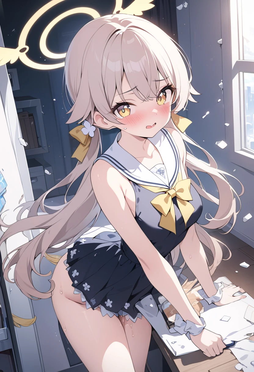 (8k, Highest quality, masterpiece:1.3)), Ultra-high resolution, (1 girl, alone), (Color changing eyes, Very detailed, Expressive shine, Sparkling eyes), Very detailed Eyes, Very detailed Face, Random Hair, (Silver grey color), Fitted Tank Top, Checked mini skirt, Hoop Earrings, long Hair, (Cute Panties:1.5), (Embarrassed expression:1.2), (classroom, sunrise:1.3), Rear angle, On all fours, Pussy juice splatters on the floor, Pussy juice stain,