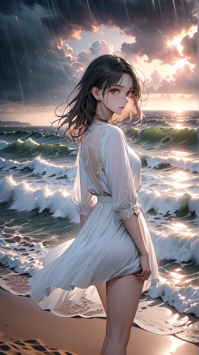 A mature woman in a wet white dress gets wet in a rush, mist on the top and bottom, short curly brown hair, sunset, a masterpiece, a rainbow appears, from the front