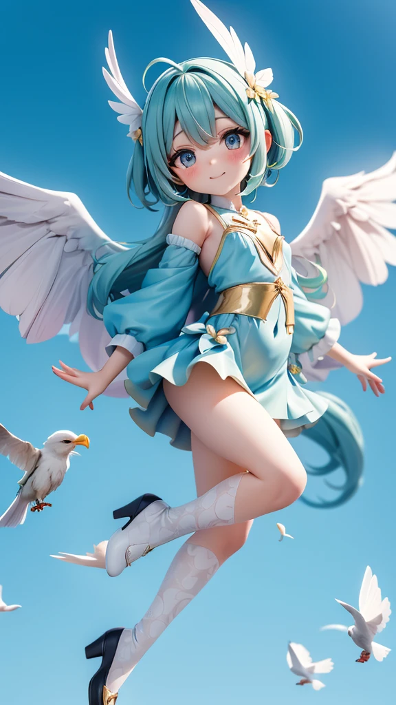 (masterpiece, best quality:1.3), (Super detailed:1.3), 1 girl, Hatsune, (light blue hair, messy hair, long hair), (Colorful angel wings), (Colorful Angel Halo), Big breasts, yellow eyes, (White shirt, waist cardigan, Reveals lace lingerie, Aqua coat, convertible long coat, Roll up sleeves, Dark blue skirt, Stockings), Cowboy shooting, movie lighting, (((glowing light particles))), (Put your arms behind your back), Dynamic angle,