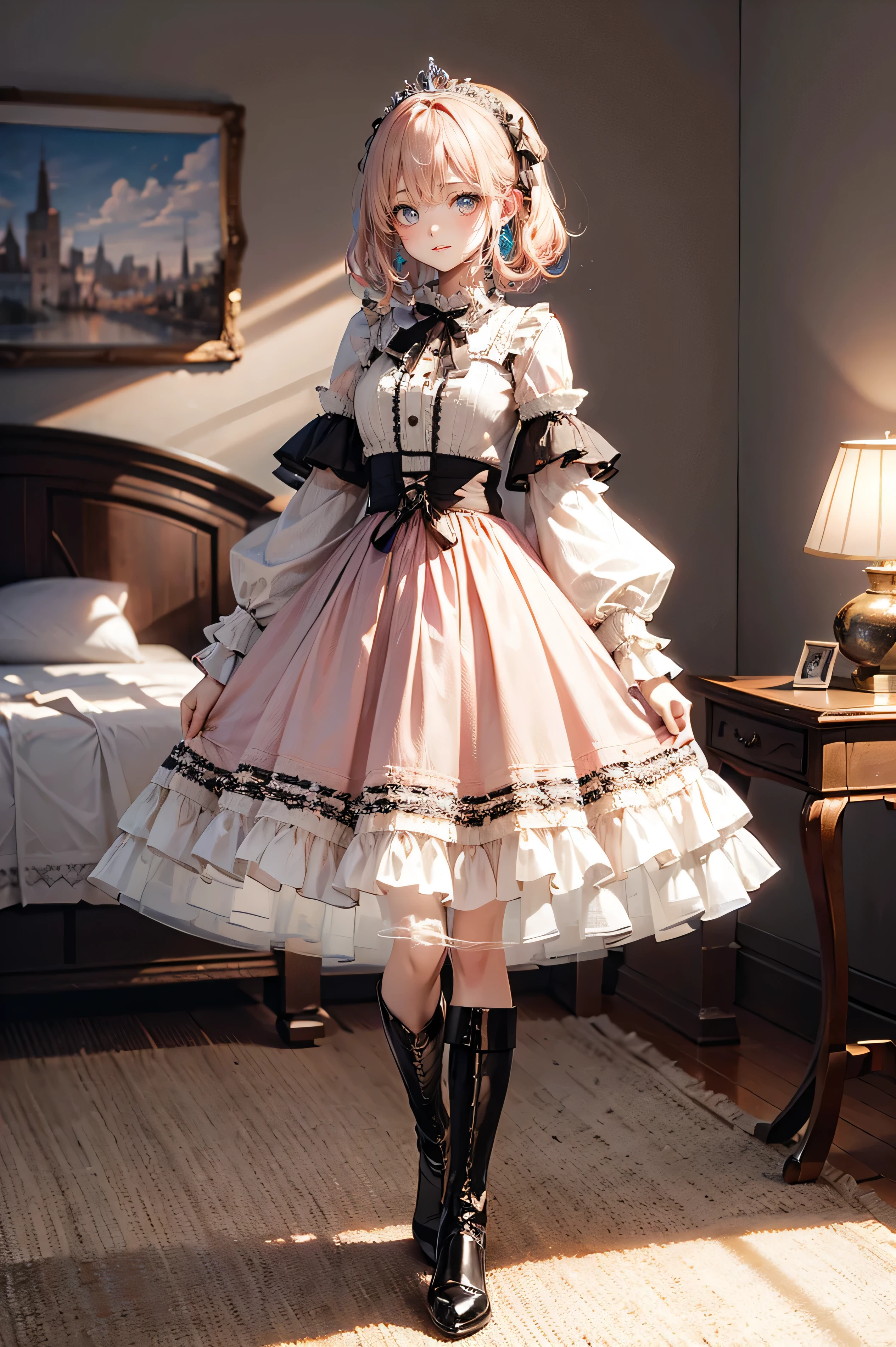 (Highest quality,4K,High Resolution,masterpiece:1.2),very well detailed,realistic:1.37,,、(( pink dress )), ultra-realistic photo of a girl in a stately light pink and gold ballroom dress, Big beautiful dress, full of ruffles and rhinestones、intricate and voluminous ball gown (Highest quality, table top, art station, fantasy art :1.2), Beautiful cute girl, (Long Blonde Curly:1.1), (Exquisite gold short skirt, full body shot )、 anime style、story、、beautiful girl、Very cute angel、 pink gothic dress 、cute、baby face、smile、I love long skirts、,Black Long Boots、Highest quality, masterpiece, 最High Resolution, artwork, super それにGet used to it, many Get used to it, Get used to it, それにGet used to it, woman, ,((pink victorian luxury ball gown)),Long Dress, dresses with lots of ruffles and bows .. with a tiara on her head ,luxury,1 person, Pink Brown Hair ,pink eyes、Pink World,( Girl in Pink Princess Skirt ),pink hair,pink bedroom layout,pink bed, Pink Mosquito Net ,Pink furniture, Hardcore BDSM Style ,([ " tangled , Mandala, Tangle, enTangle:0.6),(Make art), most beautiful chaotic shape ,Beast Design, behind, pink high heels,perfect hands,
high detail, HD Model, very detailed, ,