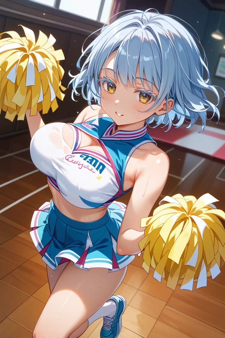 (solo:1.3), (1 skinny cheerleader rooting for viewer:1.2), (violently bouncing large breasts:1.2), cleavage, (dancing violently:1.2), shaking chest, open legs, BREAK, (short cheer uniform), sleeveless, bared stomach, (flapping too short skirt), show off thigh gap, long skinny legs, bared legs, skinny too narrow waist, very short torso, BREAK, nsfw, orgasm, heavy breathing, pussy juice, (coverd erectile nipples), (forced smile but feeling fear)