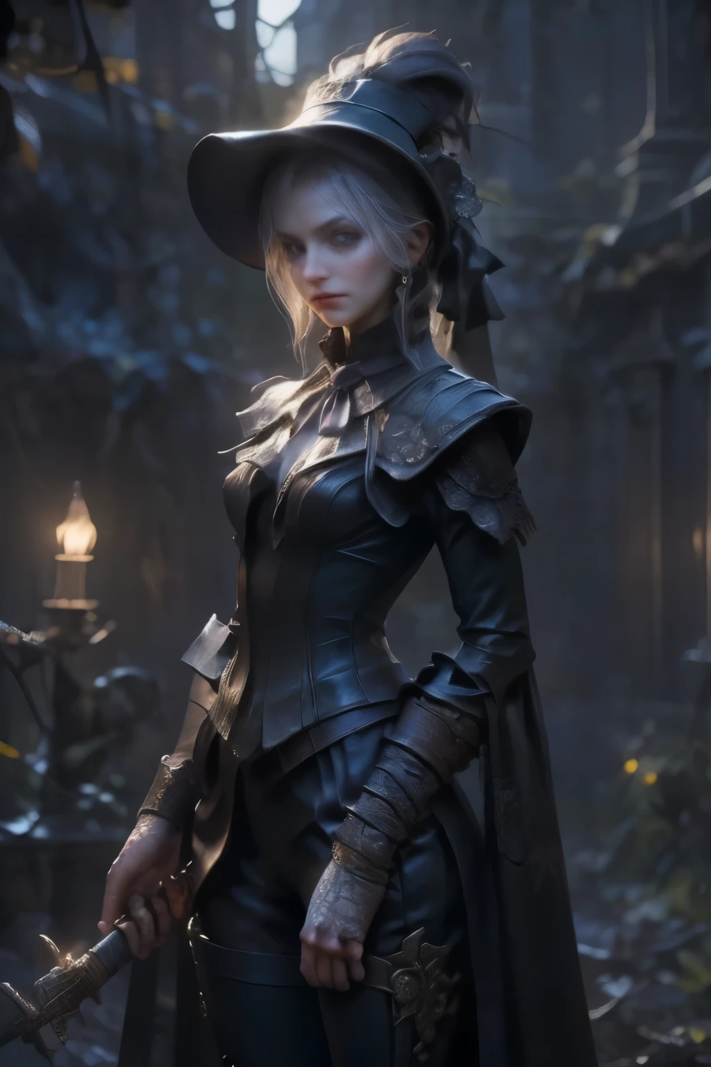 ((best quality)), ((masterpiece)), (detailed), score_9, score_8_up, score_7_up, score_6_up, (1girls), a female occultic knight, witch, knight, wielding a rapier-like sword, perfect face (((mastepiece, of the highest quality, super detailed))), photorealistic, Dark fantasy art, dark fantasy, ((gothic art)), ((Bloodborne inspired)), (Victorian era inspired), (Brotherhood Of The Wolf inspired), (typical witches hat sharing design features of a hunter's cap), (leather trousers with buckles and belts), (occultic vibe), (cosmic horror vibe), (occultic military uniform), (military witch), ((intricate and beautiful cloth and leather clothing)), ((thigh high strapped leather boots)), ((complex buckled leather boots)), (regal and elegant, a person of great social importance), ((mature, foreboding atmosphere)), ((dark and gloomy)), ((((Highly detailed face)))), small thin nose, Small thin lips mouth, (((Very sharp focused eyes))), ((perfect symmetrical beautiful eyes)). looking here, (resolved expression), (resolute expression), (sad face), beautiful (((very small breasts))), (((little boobs))), (((tiny breasts))), (((flat chest:0.1))), (((very tiny boobs))), (((very flat chested))), ((brunette)) hair, ((long ponytail, thick ponytail, heavy ponytail)), very long eyelashes, soft lighting