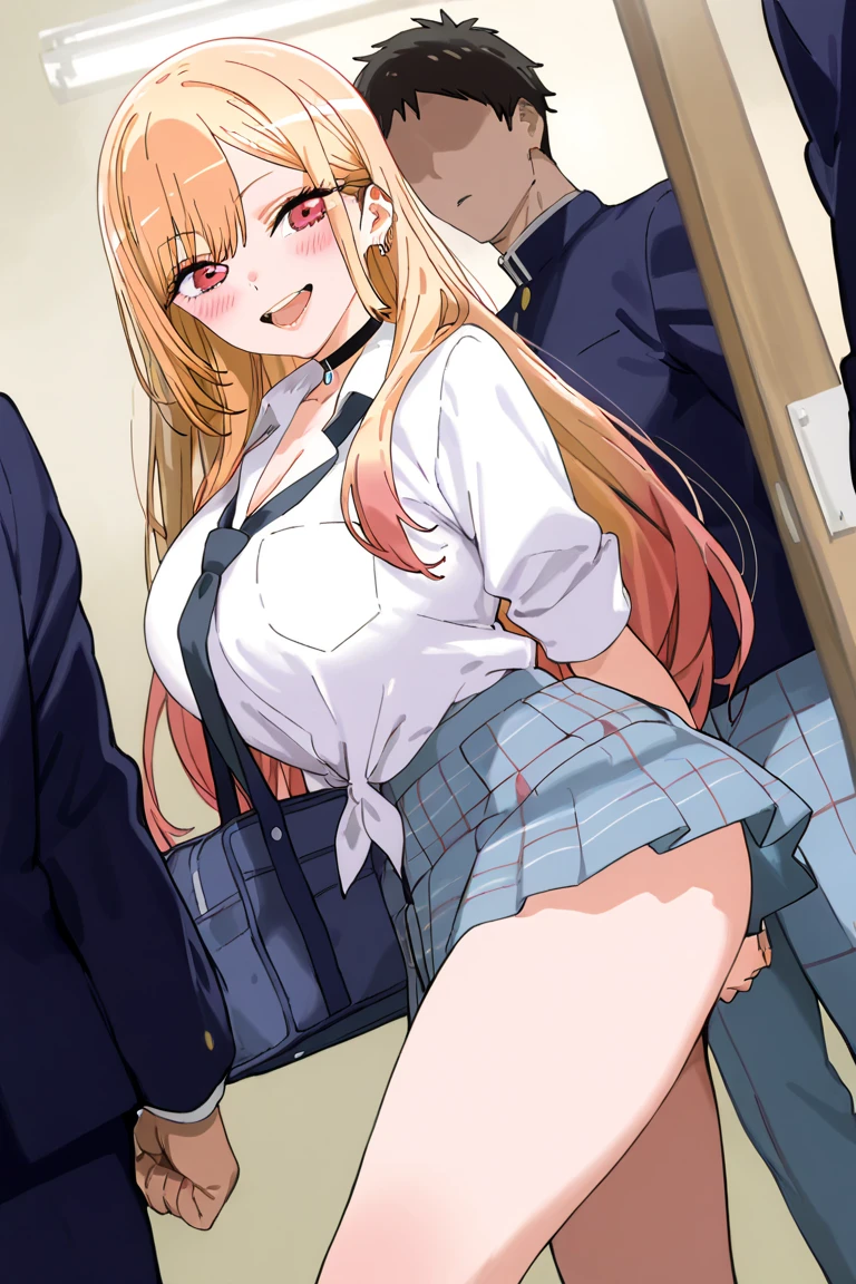 masterpiece:1.5, high quality, anzu futaba, petite, 1girl, black school uniform, black blazer, black mini skirt, brown cardigan, {{tareme}}, blush, open mouth, looking at viewer, sitting, skirt lift, lift by self, legs up, knees up, spread legs, indoor, from below,  upper body, white panties, light smile, looking at viewer, pov crotch