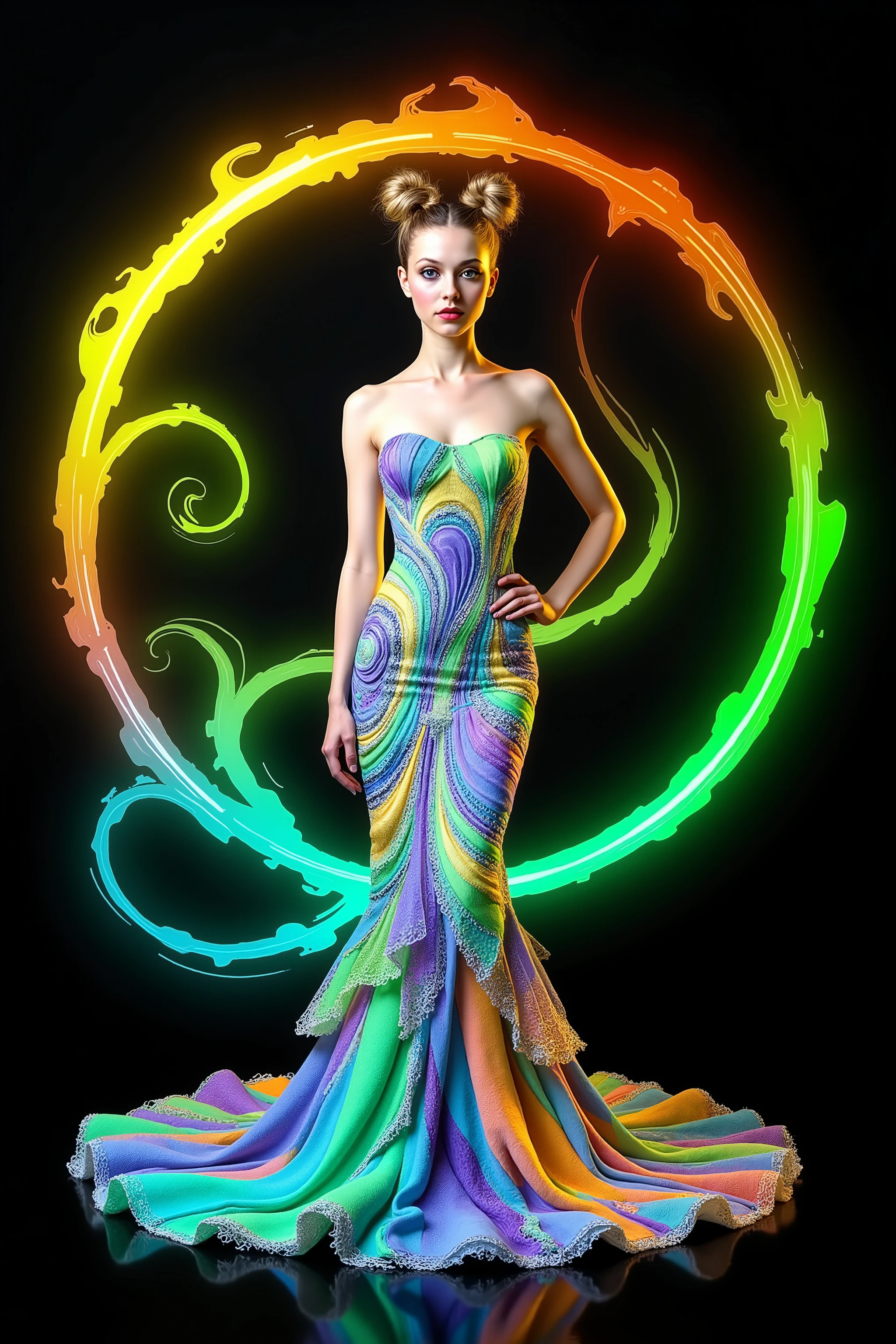 Take this image and multiply the number of swirl lines around the girl, while infusing lots of vibrant neon bioluminescent colors in the swirls as well. Make her mermaid gown highly reflective, mirror like, so all the light hits it, and reverberates it into the colored swirls around her. The swirl patterns should be triple or quadruple the amount of colored lines from the image. Make the girl look more realistic and more attractive. Surrealism, asthetically incredible, light display, lit up around the girl. Photorealistic, ultra realistic, cinematography, ultra detailed. Triple Bun, Braided Bun, Very Long Hair, Motion Lines, Sparkle, Emphasis Lines, Motion Blur, Speed Lines, Film Grain, Scanlines, Optical Illusion, Cinematic Lighting, Ray Tracing, Glowing Light, Reflection Light, God Rays, Action Painting, Icon Style, Realism, Tumbledown, Portrait Photography, Fujicolor, Hair Ribbon, crucifix, Super Detailed, Best Quality, Action Painting, Bubbles rising from foam, rising from liquid, paste, Masterpiece, From Below, Parted Lips, neon, lit up colored swirls, against a flat coal black background. Girl and swirls light up like bioluminescence. 