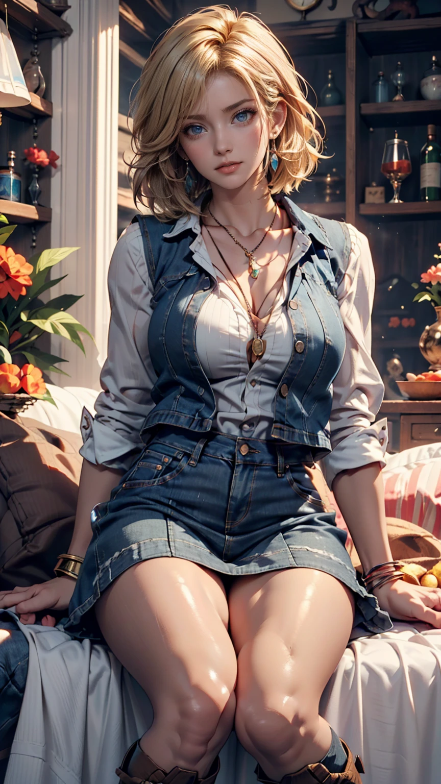 ((top quality, 8k, masterpiece: 1.3, ultra hd, high quality, best quality, high definition, realism)), sharp focus: 1.2, android 18 of Dragonball lying on the ground in an apocalyptic landscape, Eva Elfie's face, luminism, rip open thin white long sleeves with black stripe prints, jeans vest and tattered unbuttoned jeans, Beautiful woman with perfect body with 9 heads body, Photorealistic perfect body, Slim figure, Slender abs, Sexy bumps with big breasts, Chest with bumps: 1.5, Emphasis on cleavage, afraid facial projection, golden yellow hair, Highly detailed face and skin texture, Detailed eyes, High detail, Anatomically correct, Portrait photography: 1.5, Blurred background, orange and teal, soft focus details, Natural blur,