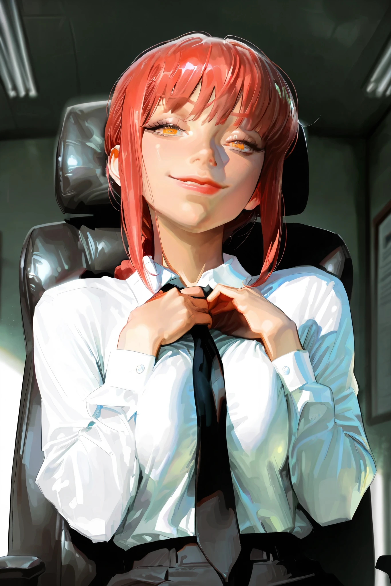 HDR, 8K, high contrast, masterpiece, best quality, amazing quality, very aesthetic, anime artstyle, realistic, hentai art, newest, (artist:incase:0.5), (artist:tsuaii:0.5) ,
BREAK
bounce light, hyperdetailed, detailed hair strands, detailed fibers,
masterpiece, semi-realism, best quality, solo, makima from chainsaw man, red hair, white office shirt, medium view, large breasts, sly smug, large eyes, seated on work chair, pushing her breasts together, office background,