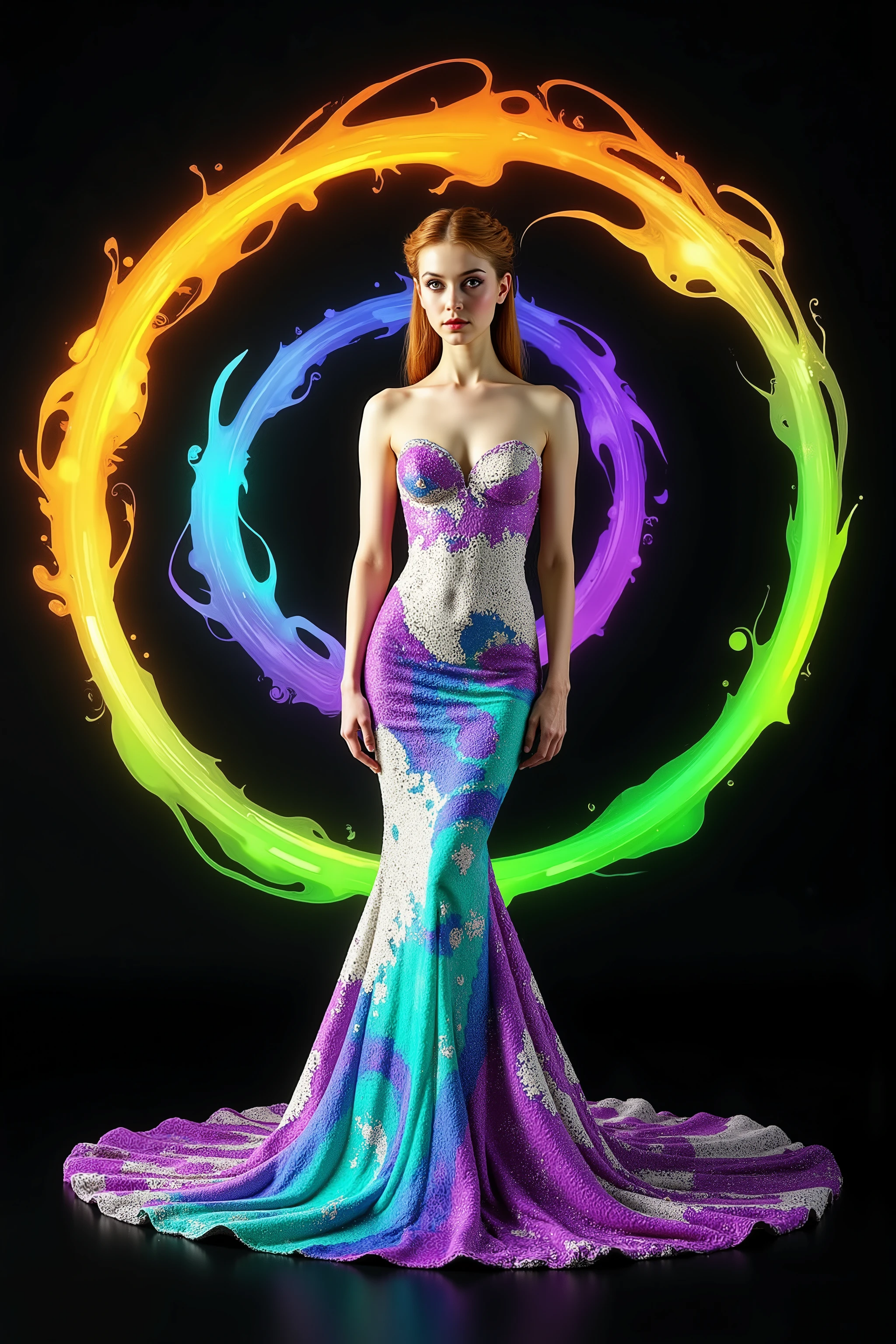 Take this image and multiply the number of swirl lines around the girl, while infusing lots of vibrant neon bioluminescent colors in the swirls as well. Make her mermaid gown highly reflective, mirror like, so all the light hits it, and reverberates it into the colored swirls around her. The swirl patterns should be triple or quadruple the amount of colored lines from the image. Make the girl look more realistic and more attractive. Surrealism, asthetically incredible, light display, lit up around the girl. Photorealistic, ultra realistic, cinematography, ultra detailed. Triple Bun, Braided Bun, Very Long Hair, Motion Lines, Sparkle, Emphasis Lines, Motion Blur, Speed Lines, Film Grain, Scanlines, Optical Illusion, Cinematic Lighting, Ray Tracing, Glowing Light, Reflection Light, God Rays, Action Painting, Icon Style, Realism, Tumbledown, Portrait Photography, Fujicolor, Hair Ribbon, crucifix, Super Detailed, Best Quality, Action Painting, Bubbles rising from foam, rising from liquid, paste, Masterpiece, From Below, Parted Lips, neon, lit up colored swirls, against a flat coal black background. Girl and swirls light up like bioluminescence.