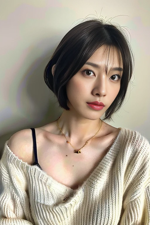 (Best quality, 8k, 32k, Masterpiece, UHD:1.2),Photo of Pretty Japanese woman, large breasts, very short bob hair,upper body,face focus,oversized_sweater, necklace, simple background, from above, looking at viewer,