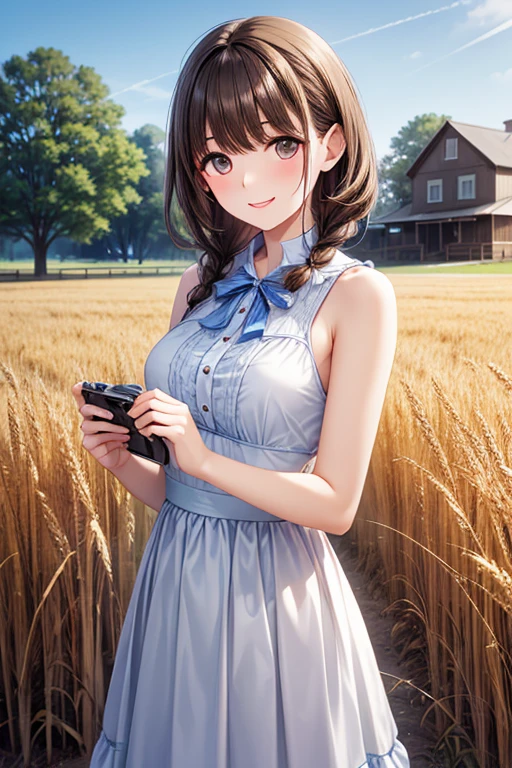 anegasaki nene, shiny brown short hair, beautiful brown eyes, smiling face, sparkling pupils, (fine grain), highly detailed eyes, highly detailed face, highly detailed eyes,, (masterpiece:1.2, best quality), ((only1 girl)), cowboy shot,cowboy shot,,
20 year old girl、Tall and attractive、Wearing a cute country dress、Braided hair、standing on a rural farm。She's gentle、A kind smile and expressive eyes。The composition should be bathed in warm golden hour light。golden wheat fields and clear blue skies。The composition should be bathed in warm golden hour light。The soft depth of field and soft bokeh accentuate the idyllic serenity。take an image that looks like it was taken on vintage 35mm film、adding impact。movie、