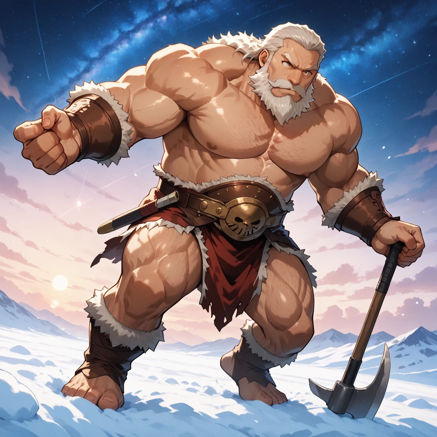 "Rugged and powerful, the muscular viking old man stands tall amidst a stormy Nordic landscape. His weather-beaten face reflects a lifetime of battles, adorned with a long, braided beard and intense blue eyes. His imposing figure is wrapped in furs and leather armor, evoking a sense of strength and resilience. Behind him, lightning strikes illuminate an epic scene, showcasing his fearless spirit and unwavering determination."