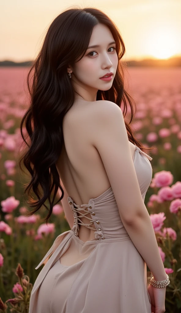 Naked, ideal tits, tits out, off shoulder dress, grass beautiful purple sunset orange sun background, close up