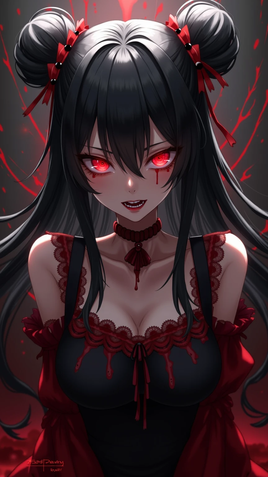 (Highest quality,4K,High resolution,masterpiece:1.2),Very detailed,Realistic:1.37,Spooky altar background,Dark fantasy,Red color scheme,Ominous atmosphere,Eye-catching,Storytelling,anatomy,Anime Style,Concept Art,beautiful細部までこだわった顔と (((Red eyes ))),A terrifying ritual ,Satanic Ritual,Premature death,Misconduct,Crazy Smile,Scythe Face,Girl Monster, beautiful, Delicate facial features, Sharp Eye, Sharp Fangs, Pale skin, Thick chain, Dark Background, Cinema Lighting, Dramatic Shadows, Gothic style, Gloomy atmosphere, Dark fantasy, One Girl, , Please open your mouth wide, Open your mouth and baring your teeth,Sharp teeth like a beast, Wide lips, very wide mouth, Vermilion cheeks, ,(Blood splatter:1.4),Scary smile, smile,Fallen angel design, Twisted smile、Bloodstained、bleeding from the head,,,、Blood splatter、,(Blood splatter:1.4),Crossbones, skull,Horror Style, ((Fantasy Fallen Angel Costume)), ((Flowing black hair)), ,(Blood splatter:1.4),Female curves, Sexy flat stomach, Perfect hands, Perfect anime face, ((White ta Dress)), Are standing, ((Wicked Smile)), ,(Blood splatter:1.4), Steam circulates, Moonlight Illumination, night lighting, disaster々new devil horns,,(Blood splatter:1.6),アニメFallen angel design, Twisted smile、Bloodstained、bleeding from the head,,,、Blood splatter、,(Blood splatter:1.4),Crossbones, skull,Gothic architecture、Western architecture、Fantasy World、,Victorian cities, Skeleton Gas Light,