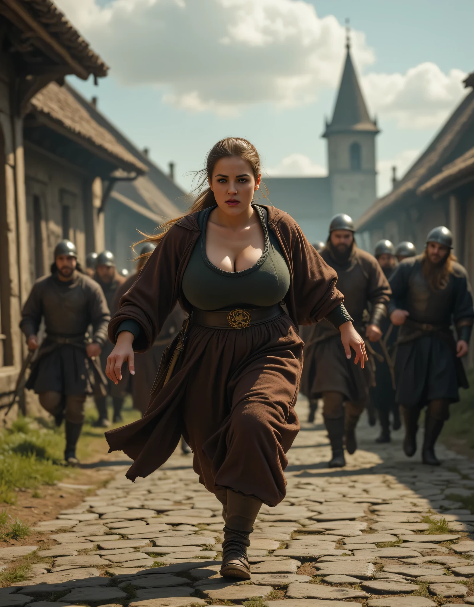 **Prompt:** In a vivid medieval European landscape, create a hyper-realistic panoramic image using Unreal Engine 5 that focuses on a busty female peasant, her face etched with fear as she sprints frantically at the center of the scene. She is pursued by a disciplined line of fierce Viking raiders, their expressions menacing as they charge directly toward her. The setting encapsulates the tension of the medieval era, depicted with rich detail reminiscent of National Geographic's documentary style. Incorporate strong central leading lines and an ultra-high-definition backdrop featuring a well-defined cobblestone sidewalk. Play with mixed lighting techniques to enhance the depth of the scene, ensuring the human figures possess anatomically accurate and lifelike features. The overall composition should evoke a sense of urgency and terror, drawing viewers into the heart of the action while showcasing the artistic prowess of fantasyPunkAi.