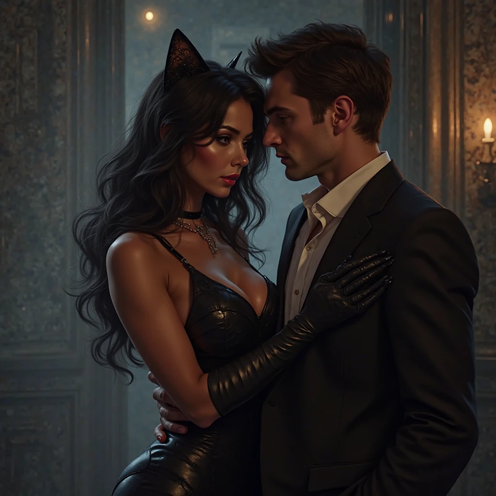Damon Salvatore, a hot muscular gothic guy in a Batman suit without the mask, stands with Jessi, the red-haired Catwoman, in the opulent bathroom of the Batman mansion. The rain outside creates a calming backdrop as they share a passionate kiss under the warm shower. Damon’s hands caress her wet skin, his lips trailing down her neck. Jessi’s fingers tangle in his hair, pulling him closer. The water cascades over them, their bodies pressed together in a heated embrace. The luxury of the bathroom adds to the intensity of their love.