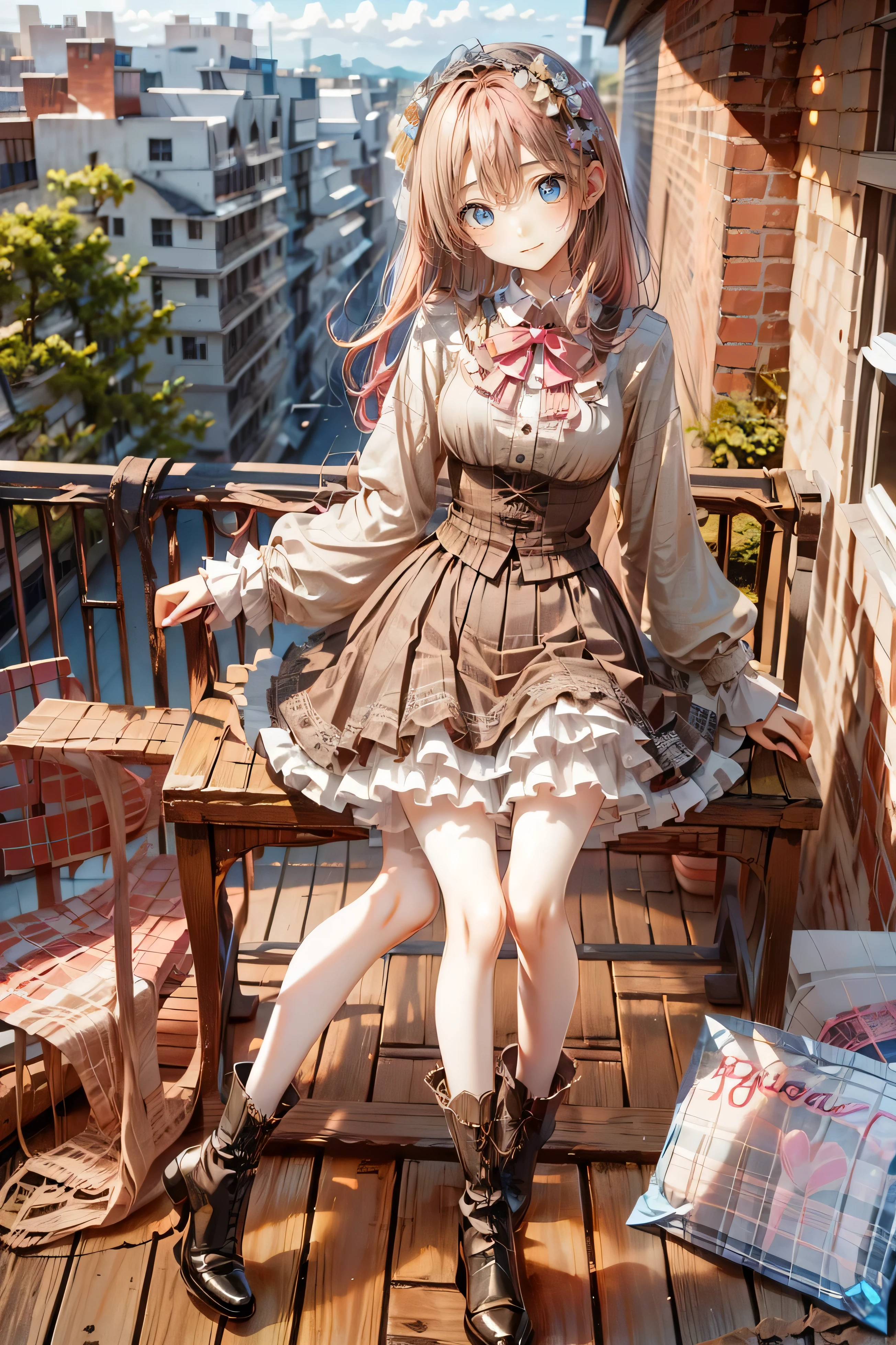 (Highest quality,4K,High Resolution,masterpiece:1.2),very well detailed,realistic:1.37,,、(( pink dress )),  ultra-realistic photo of a girl in a stately light pink and gold ballroom dress, Big beautiful dress, full of ruffles and rhinestones、intricate and voluminous ball gown (Highest quality, table top, art station,  fantasy art :1.2), Beautiful cute girl, (Long Blonde Curly:1.1), (Exquisite gold short skirt,  full body shot )、 anime style、story、、beautiful girl、Very cute angel、 pink gothic dress 、cute、、smile、I love long skirts、,Black Long Boots、Highest quality, masterpiece, 最High Resolution,  artwork, super それにGet used to it, many Get used to it, Get used to it, それにGet used to it, woman, ,((pink victorian luxury ball gown)),Long Dress,  dresses with lots of ruffles and bows .. with a tiara on her head ,luxury,1 person,  Pink Brown Hair ,pink eyes、Pink World,( Girl in Pink Princess Skirt ),pink hair,pink bedroom layout,pink bed, Pink Mosquito Net ,Pink furniture, Hardcore BDSM Style  ,([    " tangled , Mandala, Tangle, enTangle:0.6),(Make art), most beautiful chaotic shape ,Beast Design, behind, pink high heels,perfect hands,
high detail, HD Model, very detailed,  , 
