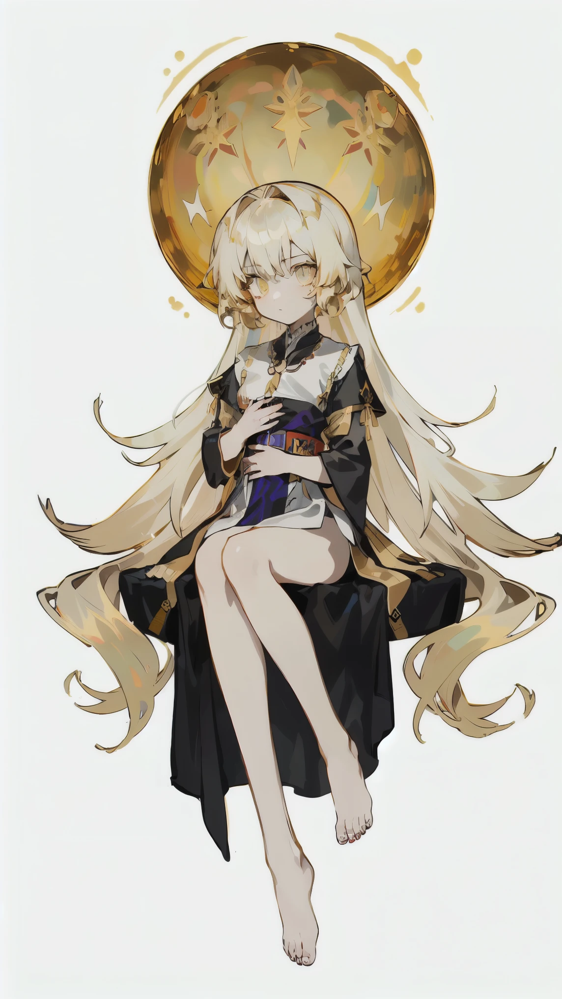 Masterpiece, perfect face, ultra high-quality, highest quality, androgynous, one girl, small girl character, very long hair, hair reaching down to her feet, anime-style, gold hair, ((golden hair:1.5)), gold eyes, ((golden eyes:1.5)), bangs, yamikawaii, white lace shirt, pure white skin, delicate lace, original character, intricate design, unique design, amulet, sacred image, shrine priest, droopy eyes, long eyelashes, handsome woman, skinny, slightly starving, full-body drawing, commission, potential adoption, sacred outfit, full-body, background, cute, wearing shorts, monastic robe, nun outfit, cross-dressing, all white outfit, anime girl character, white background, full-body, all decorations are white or silver, loose frilled white shirt, golden eyes, slender hands, skeleton, pure white outfit, unnaturally pale skin, pure white skin, white skin color, monk, beautiful girl, sacred, (((golden hair:1.5))), ((golden eyes:1.5)), white background, androgynous.