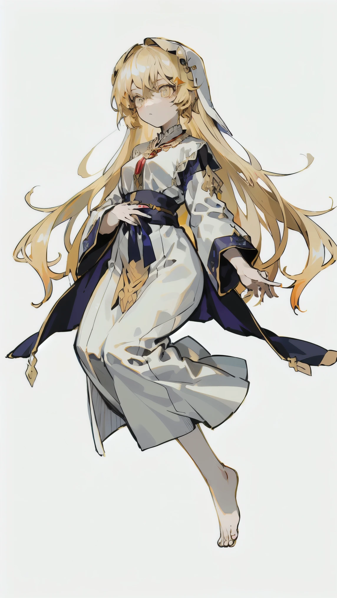 Masterpiece, perfect face, ultra high-quality, highest quality, androgynous, one girl, small girl character, very long hair, hair reaching down to her feet, anime-style, gold hair, ((golden hair:1.5)), gold eyes, ((golden eyes:1.5)), bangs, yamikawaii, white lace shirt, pure white skin, delicate lace, original character, intricate design, unique design, amulet, sacred image, shrine priest, droopy eyes, long eyelashes, handsome woman, skinny, slightly starving, full-body drawing, commission, potential adoption, sacred outfit, full-body, background, cute, wearing shorts, monastic robe, nun outfit, cross-dressing, all white outfit, anime girl character, white background, full-body, all decorations are white or silver, loose frilled white shirt, golden eyes, slender hands, skeleton, pure white outfit, unnaturally pale skin, pure white skin, white skin color, monk, beautiful girl, sacred, (((golden hair:1.5))), ((golden eyes:1.5)), white background, androgynous.