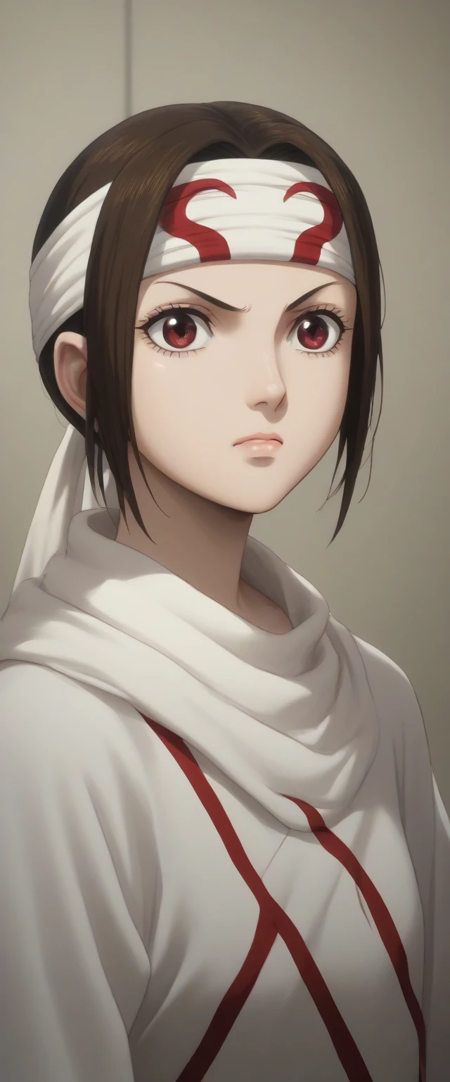 score_9, score_8_up, score_7_up, 1girl, kyoukai cowl ((((headband)))) oval face Ibara Mayaka, short hair, brown hair, red eyes