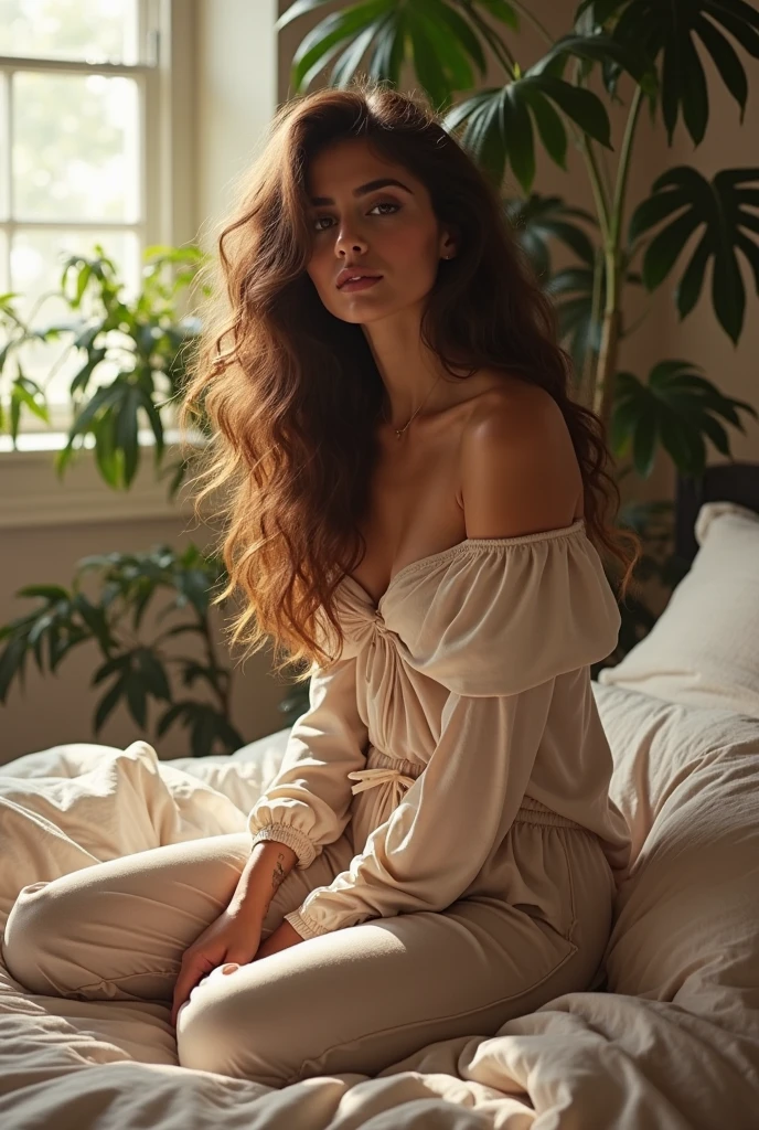 (photorealism:1.2), beautiful woman, sitting on bed, wearing loose off-shoulder top, pajama pants, long curly hair, indoors, soft lighting, plants in background, window with sunlight, cozy room, relaxed pose, realistic, intricate details, warm colors, by Greg Rutkowski, by Alphonse Mucha