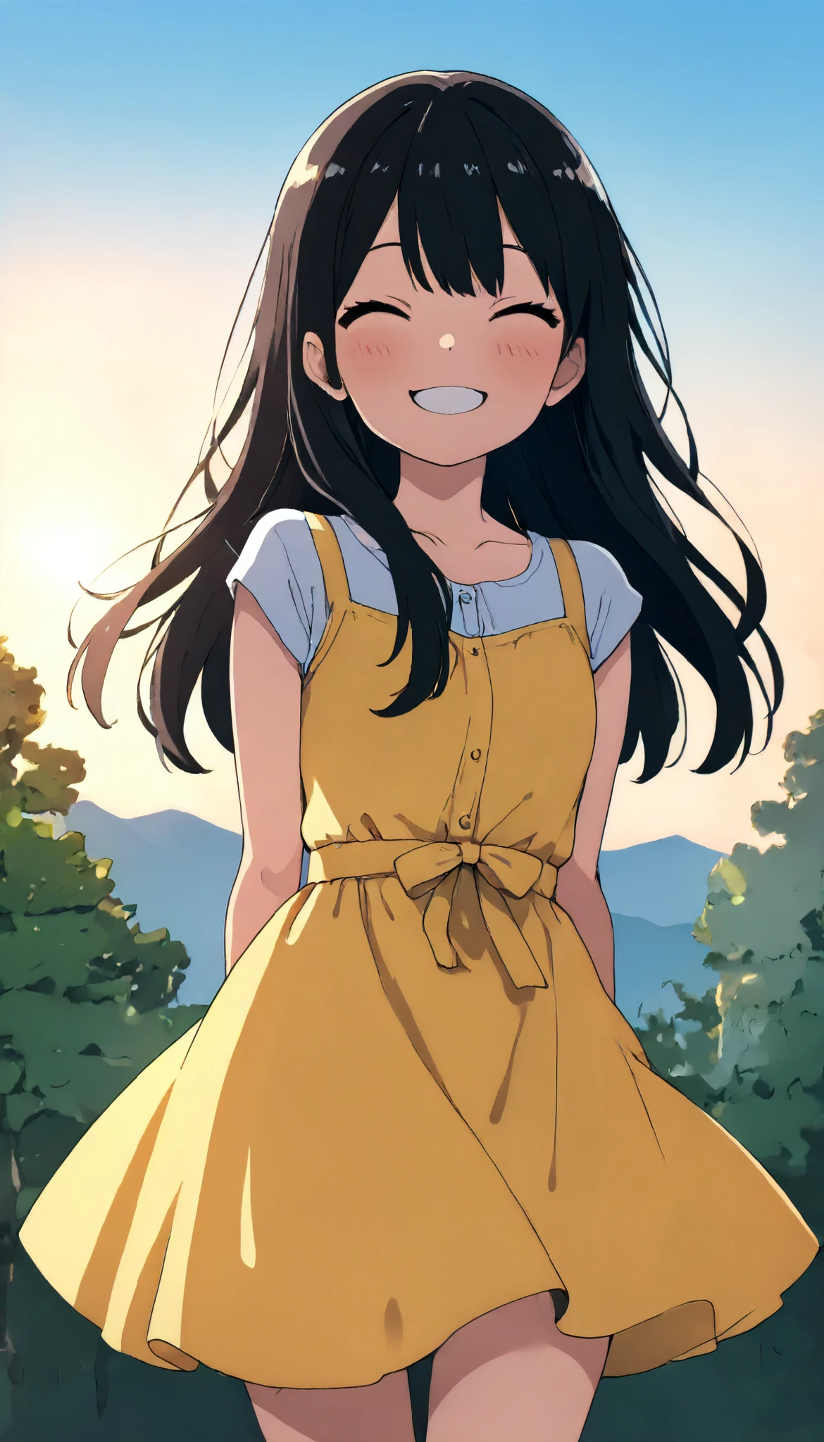 (masterpiece, best quality, illustration), anime girl, cute, solo, short yellow dress, yellow dress, black hair, long hair, happy, smiling, bright smile, youthful, young, ager, younger looking, like features, detailed eyes, detailed face, outdoors, sunny day, soft lighting, vibrant colors, beautiful background, 8k resolution, sharp focus