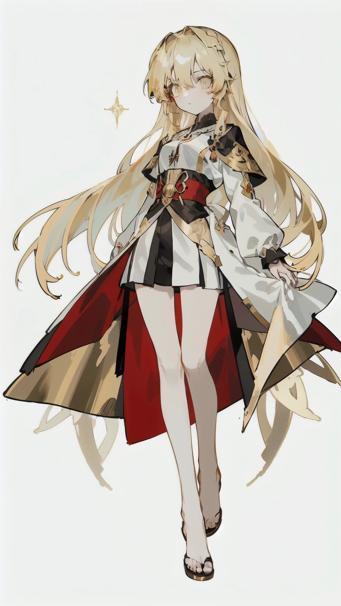 Masterpiece, perfect face, ultra high-quality, highest quality, androgynous, one girl, small girl character, very long hair, hair reaching down to her feet, anime-style, gold hair, ((golden hair:1.5)), gold eyes, ((golden eyes:1.5)), bangs, yamikawaii, white lace shirt, pure white skin, delicate lace, original character, intricate design, unique design, amulet, sacred image, shrine priest, droopy eyes, long eyelashes, handsome woman, skinny, slightly starving, full-body drawing, commission, potential adoption, sacred outfit, full-body, background, cute, wearing shorts, monastic robe, nun outfit, cross-dressing, all white outfit, anime girl character, white background, full-body, all decorations are white or silver, loose frilled white shirt, golden eyes, slender hands, skeleton, pure white outfit, unnaturally pale skin, pure white skin, white skin color, monk, beautiful girl, sacred, (((golden hair:1.5))), ((golden eyes:1.5)), white background, androgynous.