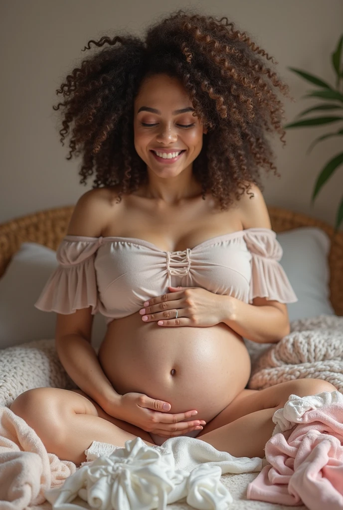 A beautiful pregnant girl with curly hair and big breasts sits with her legs stretched out, kissing pussy