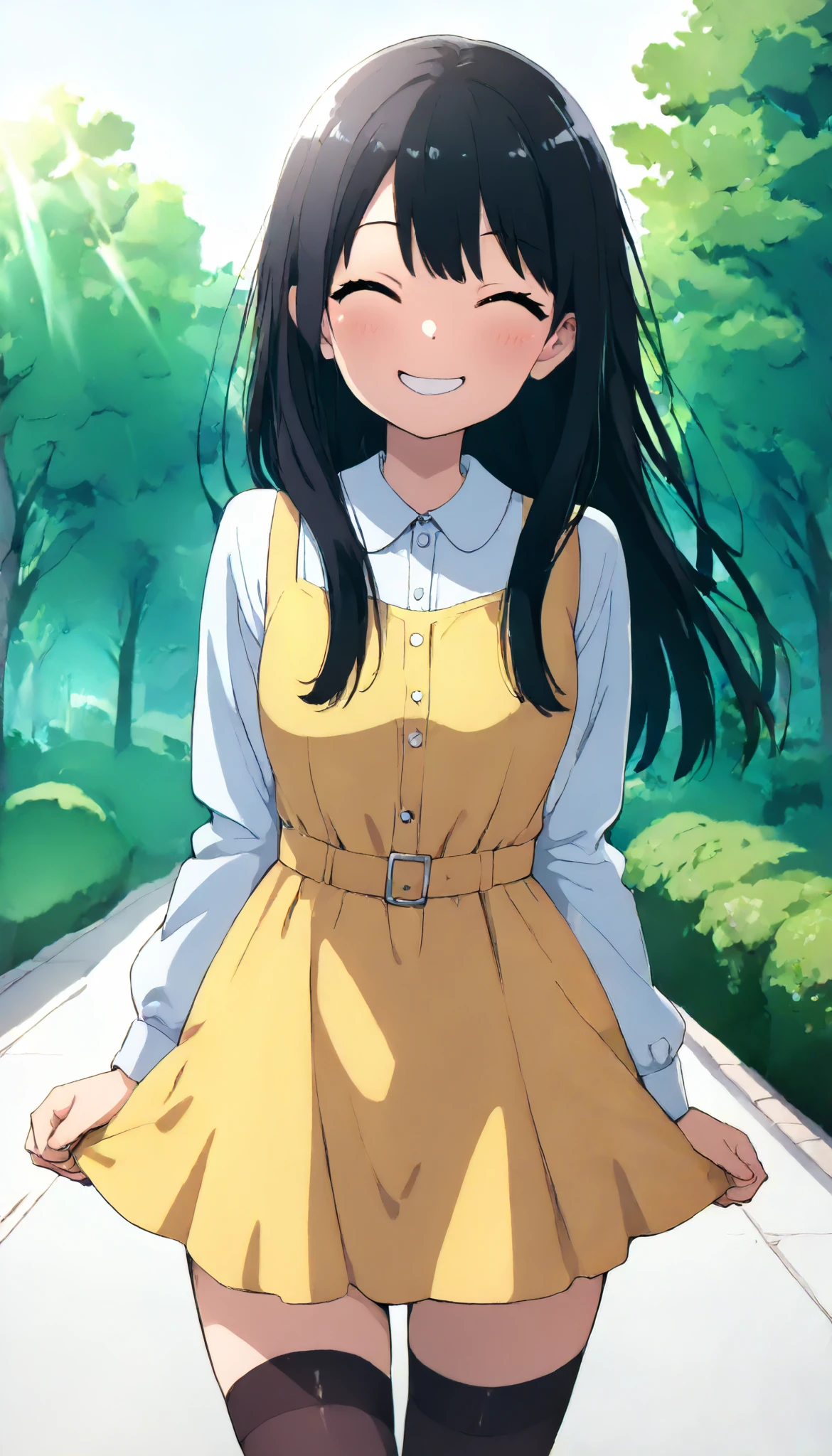 (masterpiece, best quality, illustration), anime girl, cute, solo, yellow dress, short dress, 7/8 stockings, black hair, long hair, smiling, happy, cheerful, bright smile, detailed eyes, detailed face, outdoors, sunny day, soft lighting, vibrant colors, beautiful background, anime style, clean lines, 8k resolution, sharp focus