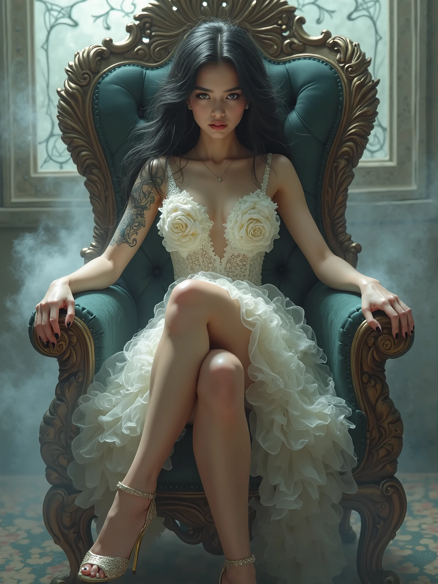 a beautiful young girl, 4k, ultra detailed, intricate tattoos, smoke, with an expressive and beautiful face, long eyelashes, wearing a white top with large breasts and a white extra mini skirt, wearing white fantasy heels, sitting on a white throne, crossed legs, sexy, flawless makeup,shiny skin,young,