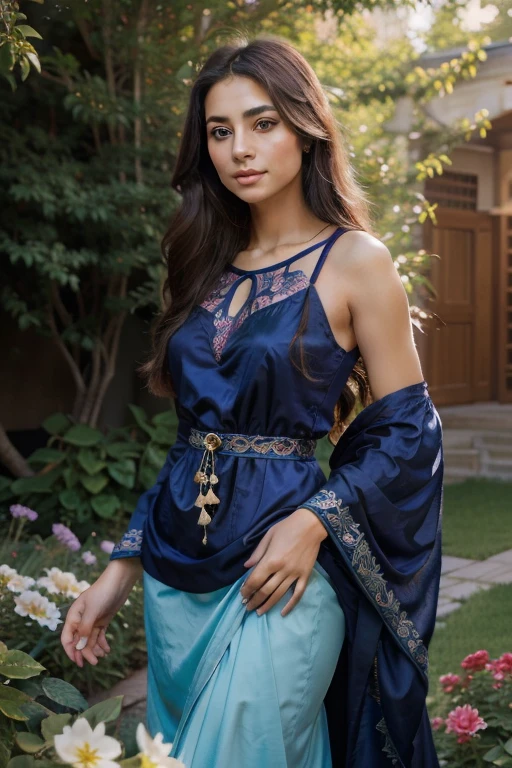 A persian girl with beautiful, detailed eyes, a confident smile, and long, flowing hair is the focal point of the composition. The girl stands in a picturesque garden with vibrant flowers blooming all around her. The garden is filled with lush greenery and a variety of trees and shrubs, creating a serene and enchanting atmosphere.
The girl is dressed in an elegant and contemporary outfit that complements her stunning appearance. Her dress is made of flowing silk fabric and has intricate patterns inspired by Persian art. The colors of the dress are a combination of rich jewel tones like deep purple, royal blue, and emerald green, enhancing the girl's radiant beauty.
The artist has used a mix of traditional and modern techniques to create this masterpiece. The medium is a digital illustration, which allows for precise details and vibrant colors. The image quality is of the highest standard, with ultra-detailed rendering and a realistic, photorealistic style.
The lighting in the scene is soft and dreamy, highlighting the girl's features and adding a touch of magic to the composition. The colors are rich and vibrant, with a warm and inviting color palette. The overall tone of the image is warm and indulgent, creating a mood of tranquility and elegance.
Please generate the corresponding Stable Diffusion prompt according to the above requirements.