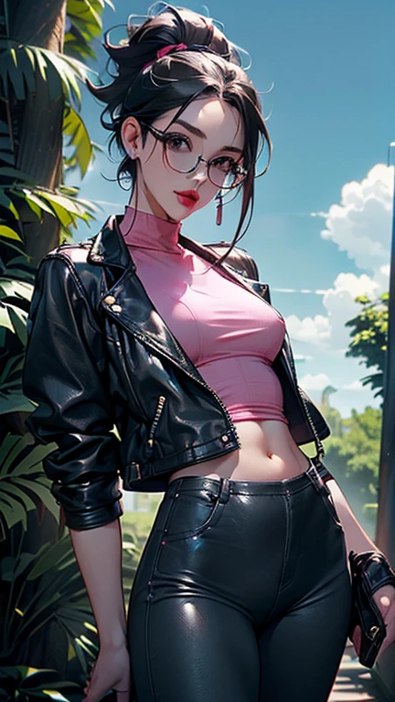 photorrealistic, ultra realistic,3d, art station, CG Society, 8K,
award-winning photograph of a beautiful woman walking in the park, (lo fashion), (multicolored hair:1.2), cheekbones, face detailed, Decorated with jewels,  a beautiful long leather jacket, topless, (exquisitely detailed skin, Perfect Anatomia, Broad Hips, smooth belly, tight slit), colored sunglasses, Vibrant, pussy 