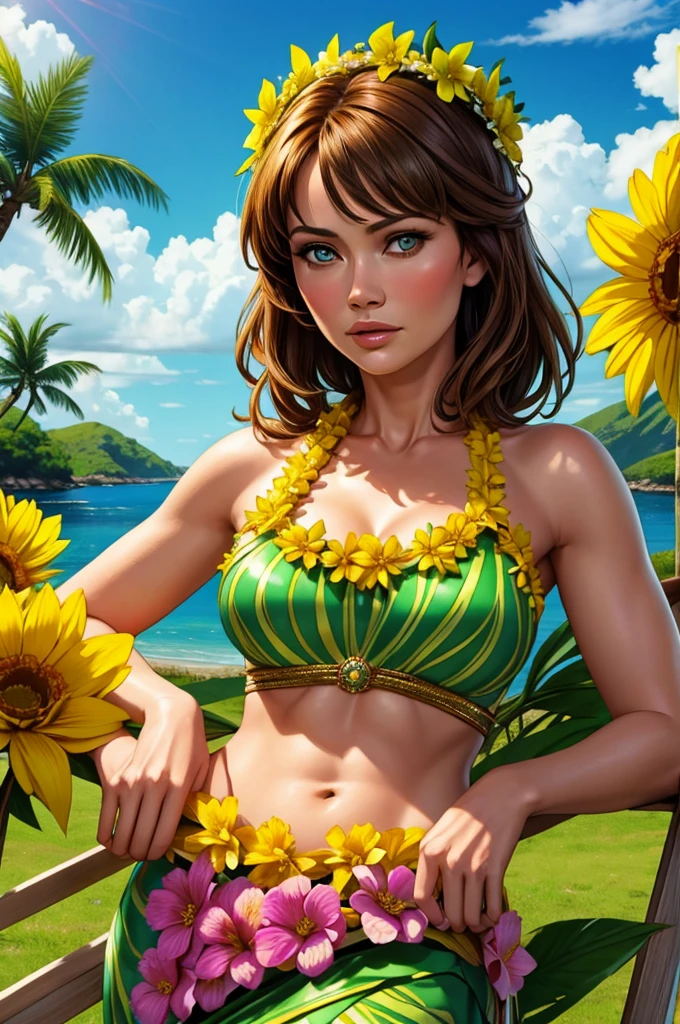 Eiza Gonzalez, wearing a garland of flowers, girl wearing a lei, grass skirt