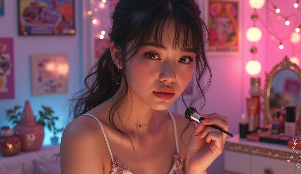 (masterpiece), Beautiful texture, Technically sophisticated, Unique skin texture, Moisturized lips, Exposed tip of the tongue, Flushed cheeks, Penetrating sweat, The reflection of neon lights, Extreme highlight deepening, Fantastic scene creation。