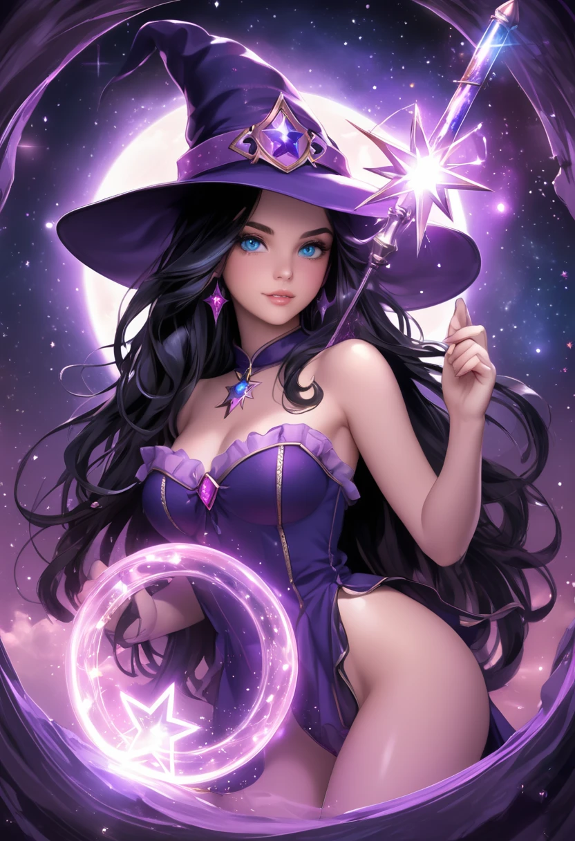 A captivating depiction of a witch with a strong lilac and pink hat and a magic wand in her hand , young and beautiful model with an extremely beautiful face framed by black hair blue eyes pink lips , her figure is breathtaking, Meticulously rendered with perfection in every detail, looking attractive in a sexy pose She exudes natural charm and seduces viewers with her captivating presence. Wearing a lilac and hot pink two-piece outfit that emphasizes her curves, It perfectly displays the elegance and sensuality of the beautiful hot world in colorful scenery with full moon and stars and magic