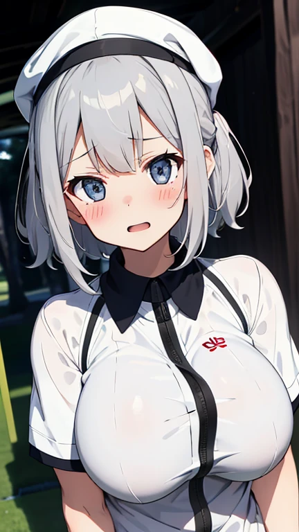 masterpiece,best quality,insanely detailed,
((upper body:1.4)),((from front:1.3)),
(1girl),((arms behind back:1.3)),(standing),
BREAK,
(light gray hair:1.2),
BREAK,
((blush:1.3)),(( face:1.3)),((trembling:1.3)),(looking at viewer),(open mouth:1.2),((:1.4)),
BREAK,
(golf uniform:1.3,short sleeve:1.3),(golf cap),
BREAK,
(golf course:1.4),