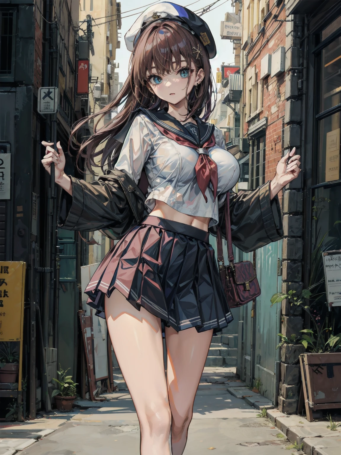 (Biologically correct limb count),Full body, including face,4K,Focus on the masterpiece face,Well-proportioned facial features,Delicate descriptive eyes,One beautiful woman,(Black shirt,red jacket,red plaid skirt),(Grin),Photos with white borders,looking at the camera,Kiyomizu-dera Temple Walking,Walking down the stairs,((High heels))
