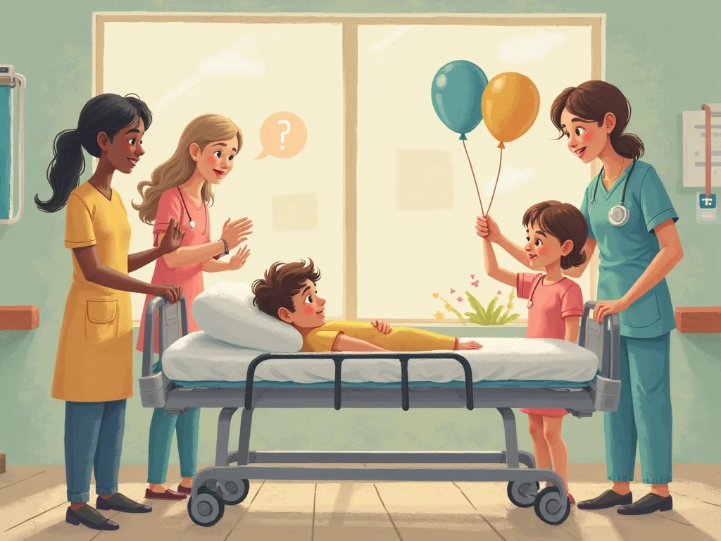A boy, Secual is in a hospital bed due to an arm injury, He has a blue shirt with short sleeves, has a rebellious attitude. his mother a dark-skinned woman, high, A man of about 4 stands next to him and scolds him for his bad attitude.. Next to her is the pediatric nurse, a girl with a ponytail.. With a stethoscope he tries to calm the situation with a smile.