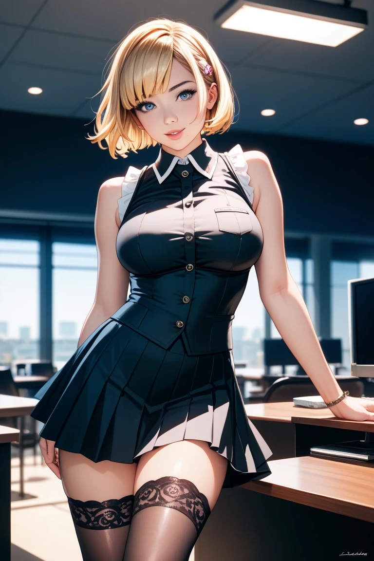 1girl, blonde hair, bob haircut, red eyes, almond-shaped eyes, volume red lips, smiling, above average breast, little over average hips, asian high school girl in school uniform, wearing over knees stocking, wearing short skirt, below skirt point of view, visible panties, black panties, 8k HD, dinamic lighting