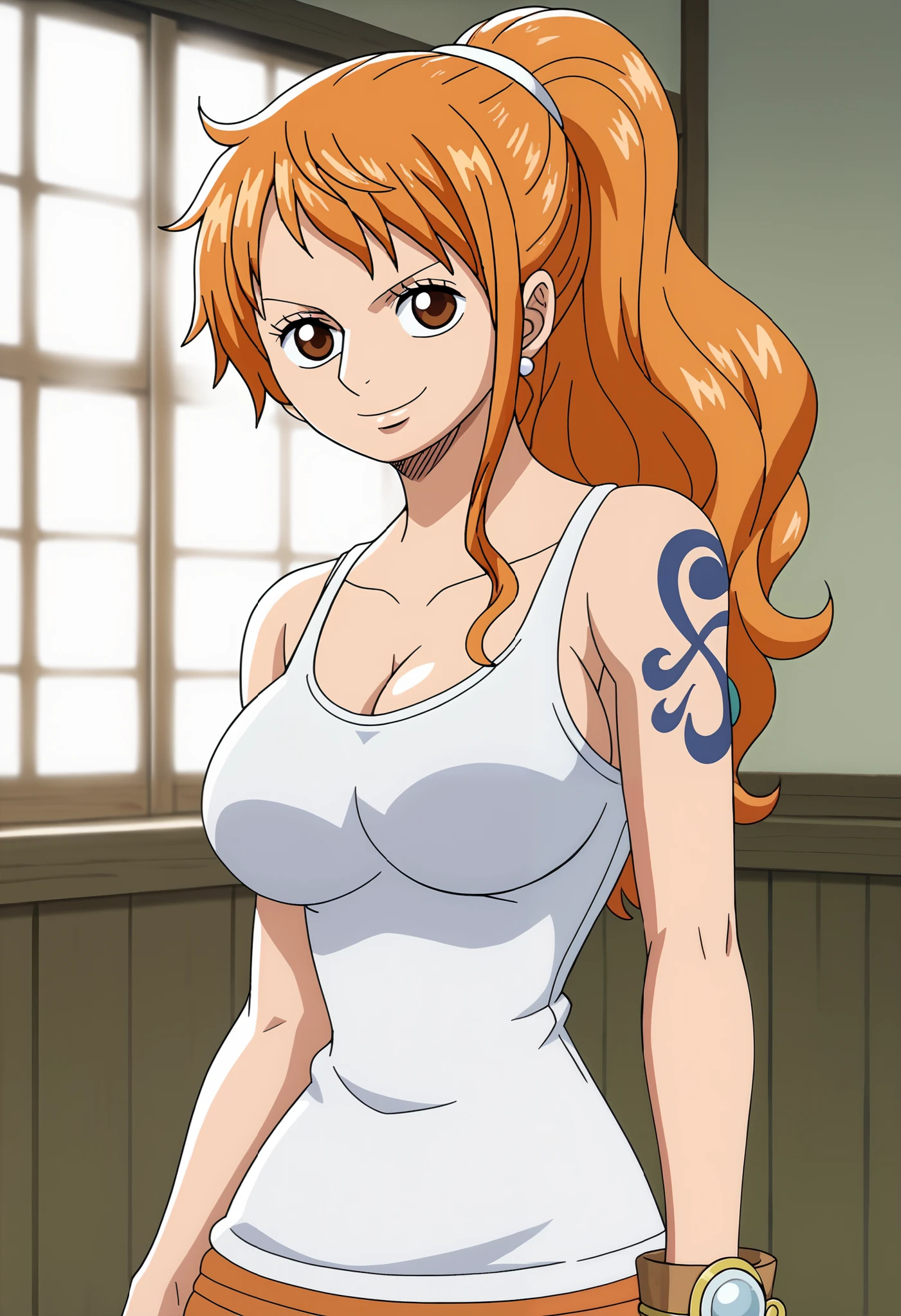 score_9_up, best quality, cowboy shot, anime_source, anime style, (SOLO:1.7), 1girl, Nami, orange hair, (white garb:1.6), morning, (ponytail:1.7),  (serious smile:1.3), (curvy body:0.7),), (slightly looking at the viewer:1.2) (Medium breasts:1.5),