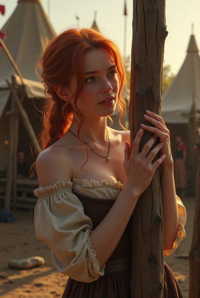 (masterpiece), (extremely intricate:1.3), (realistic), portrait of a girl, medieval commoner, huge and perfect breasts, heaving bosom, the most beautiful in the world, ginger hair in messy braid, (plain and dirty peasant clothing), detailed textures, upper body, outdoors, intense sunlight, in cobbled medieval streets, professional photograph of a stunning woman detailed, looking at the camera, alluring stare, slight smirk, detailed eyes, sharp focus, dramatic, award winning, cinematic lighting, octane render  unreal engine,  volumetrics dtx, (film grain, blurry background, blurry foreground, bokeh, depth of field, sunset, motion blur:1.3)