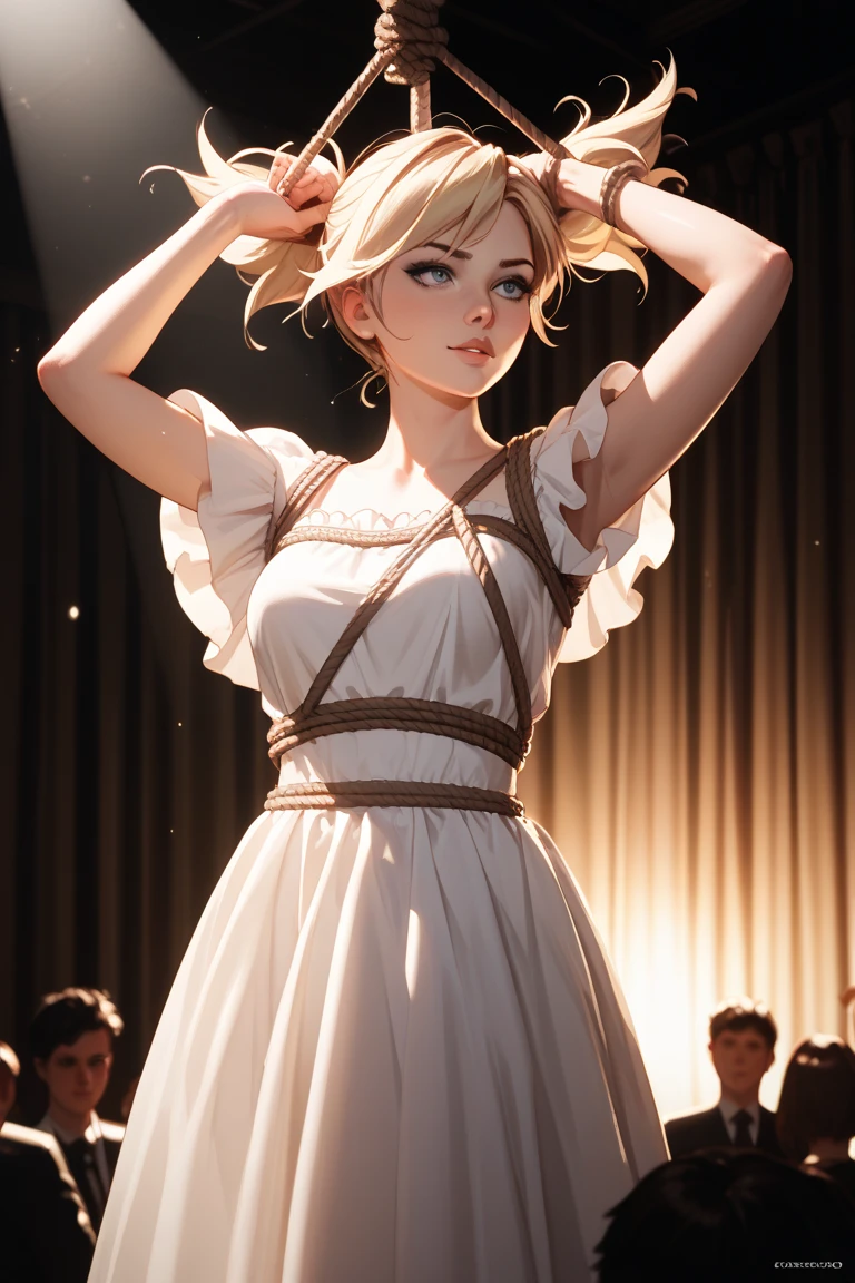 Back view, a beautiful idol standing on stage, gracefully bowing to the audience, short skirt, detailed face, beautiful eyes, delicate lips, elegant pose, intricate dress, dramatic lighting, radiant colors, cinematic composition, photorealistic, highly detailed, award winning, 8k, masterpiece