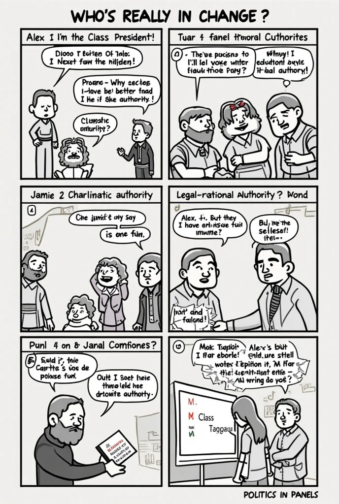 Here’s a simple comic idea using a school setting:

Title: "Who’s Really in Charge?"

Panel 1:
(Alex, the class president, stands on a desk.)
Alex: "I’m the class president! I make the rules!" (Traditional authority – inherited from past class leaders or family influence.)

Panel 2:
(Jamie, a popular student, talks to a group.)
Jamie: "Why listen to Alex? I have better ideas!" (Charismatic authority – gaining influence through personality.)

Panel 3:
(Students start following Jamie instead of Alex.)
Student: "Jamie’s way is more fun!"

Panel 4:
(The teacher steps in, holding a rulebook.)
Teacher: "Class rules say I have final authority." (Legal-rational authority – following official rules.)

Panel 5:
(Alex and Jamie argue.)
Alex: "But I was elected!"
Jamie: "But they listen to me more!" (Legitimacy is questioned.)

Panel 6:
(The teacher writes on the board.)
Teacher: "We’ll settle this with a class vote!" (A fair solution using legal-rational authority.)

This keeps it simple, clear, and meets all the requirements. Would this work for you?

POLITICS IN PANELS

OVERVIEW  Create a 6-8 panel comic strip that illustrates the concepts of politics, power, legitimacy, and authority. This visual storytelling format will require students to apply theoretical concepts through drawing and minimal text. Make it doodle coming art