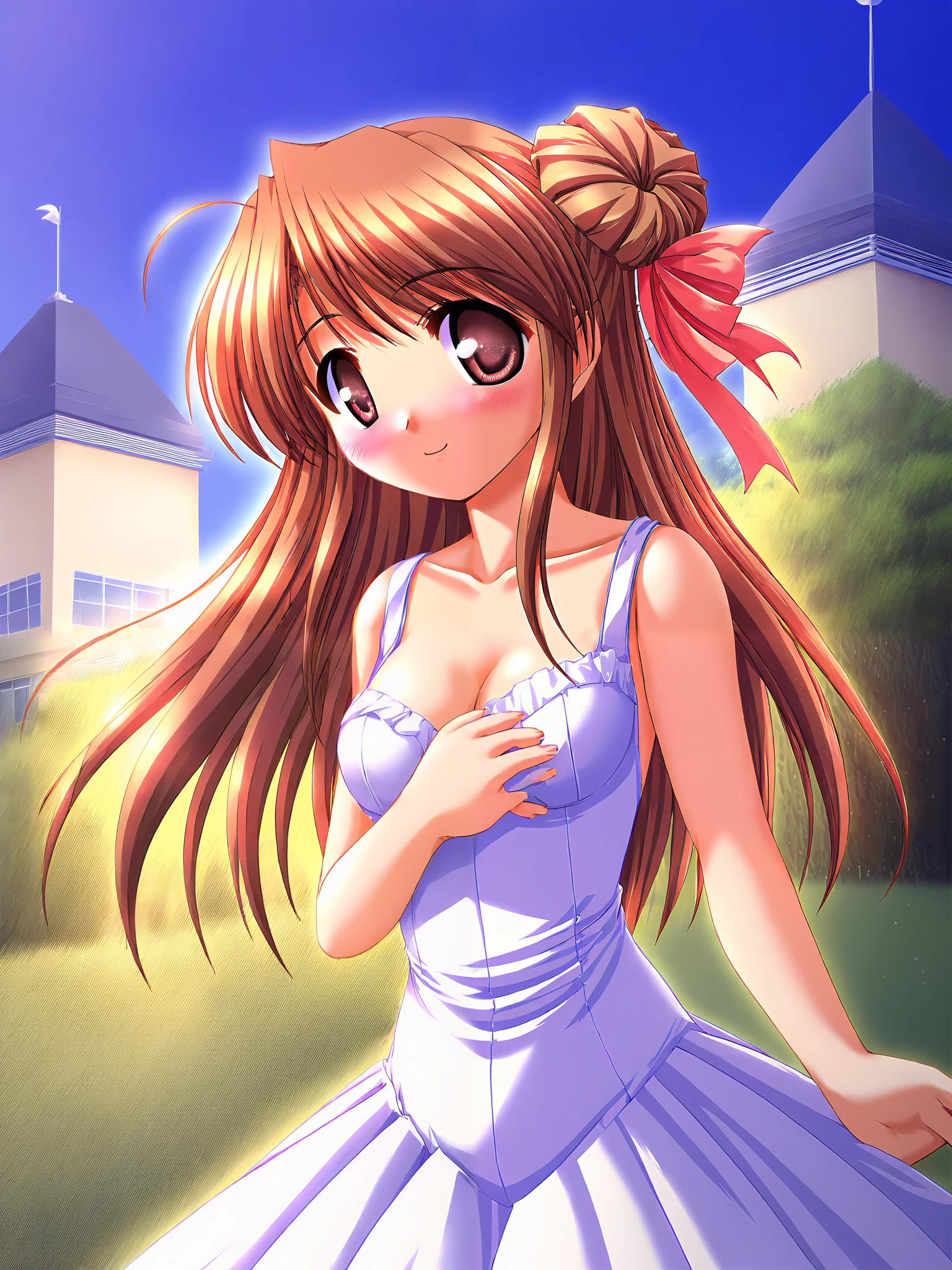 Honami Fujieda, (Alone), (cowboy shot), brown eyes, yellow eyes, brown hair, stupid hair, bangs, side lock, long hair, hair bun, single hair bun, small breasts, cleavage, (wedding dress), (shy:1.1), (blush), (smile), (I'm fascinated:1.1), (incoming kiss:1.2), ( wedding venue from the window), score_9, score_8_superior, score_7_superior, source_ anime, (best quality:1.2), masterpiece, high quality, full color, 8k, High Resolution, front light