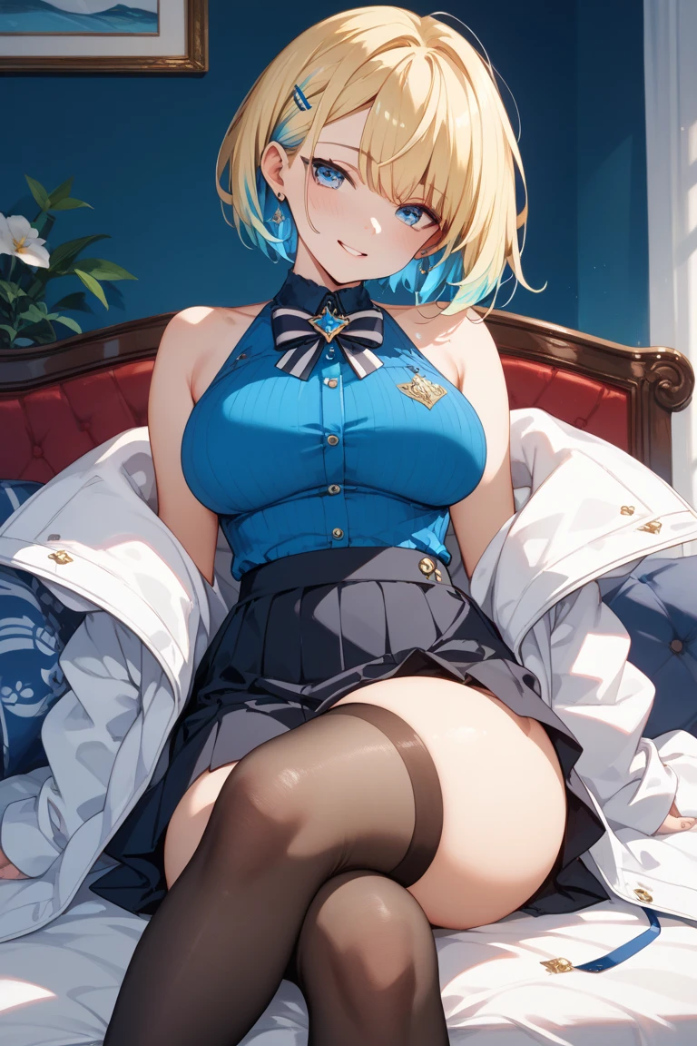 masterpiece, best quality, ultra detailed, detailed eyes, ((sparkling eyes)), (((nsfw))), huge breasts, slender, mature female, looking at viewer, blush, hair between eyes, lying, black legwear, index finger raised, bangs, v, thighs, eyebrows visible through hair, parted lips, 1girl, medium hair, blonde hair, hair between eyes, hiny hair, blue eyes, bangs, nose, lips, closed mouth, smile, white collar, white officer shirt, white long sleeve, tie ribbon, tuck skirt, stockings, solo, slender, long l breasts, large breasts, collarbone, cleavage, constriction, long legs, crossed legs, solo, looking at viewer, smile,