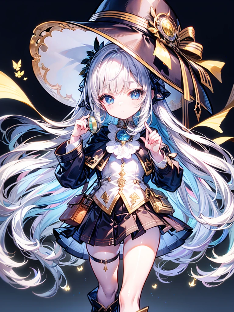 colorful butterfly,full body,witch hat,(detailed face:1.2),((Tarot border)),The portrait is centered,long hair,blunt bangs,brown eyes,standing,medium breasts,robe,Magic robe,Perfect body,Tie,(mature woman),bangs,long hair,pleated skirt,(((masterpiece))),bestquality,detailedice,(floatingpalaces),azurehair,disheveledhair,longbangs,hairs between eyes,black ribbon,white bowties,midriff,bigforhead,flower,Wearing black silk stockings,Tonalism,cinematic lighting,sparkle,illustration,high details,super detail,award winning,best quality,high quality,8k,(1girl),((solo)),jewelry,black legwear,