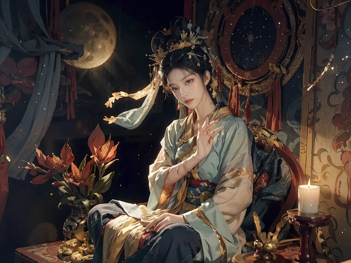 Ancient Girls，There is a mole at the corner of the mouth，Danfeng Eyes，sly，Charming，Full body photo，The background is an ancient wooden bed，Chinese Ancient Times，Classical ink painting